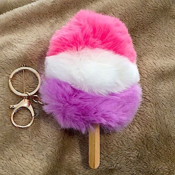 Pink & Purple Fuzzy Ice Cream Pom Pom Keychain - Picture 1 of 7